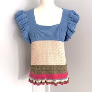 Cato Blue and Pink Ruffle Sleeve Top